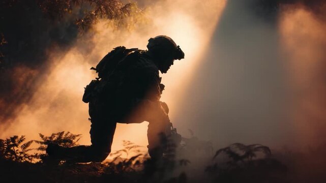 A Solitary Soldier in the Sunset: A silhouette of a determined soldier kneels in a warzone, bathed in the golden light of sunset, a poignant image of resilience and dedication.