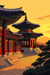 Naklejka premium Discover the timeless beauty of a Korean palace at sunset, bathed in warm golden light, evoking peace and cultural heritage.