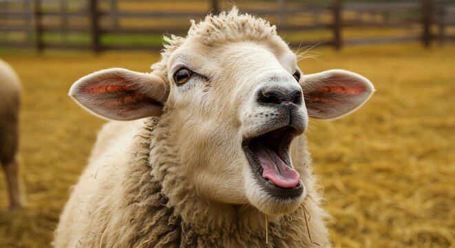Cute Young Sheep Making Playful Expression in Farmyard with Wooden Fence Background