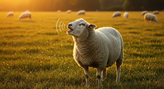 Sheep Calling in Green Pasture During Sunset