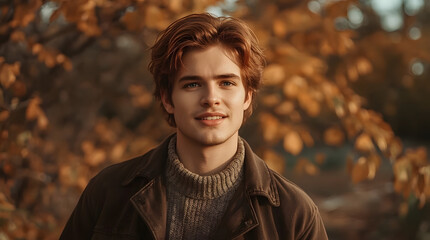 Stylish young man with vibrant red hair and a warm smile, wearing a cozy autumn outfit consisting of a earthy toned sweater and dark brown leather jacket, enjoying the soft golden hour light outdoors