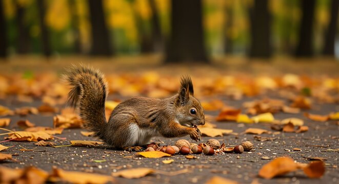 Squirrel Gathering Nuts on Autumn Forest Path in Natural Setting