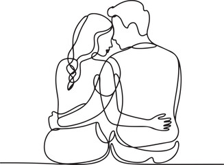 Romantic couple sitting together in a tender embrace. Continuous single line drawing art in a minimalist outline style
