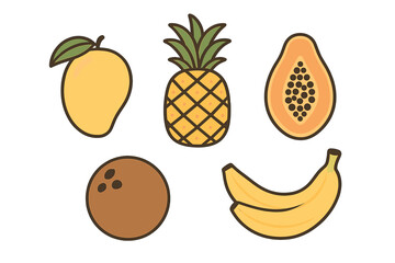 Colorful tropical fruits arranged together on a light background showcasing a mango, pineapple, papaya, coconut, and bananas