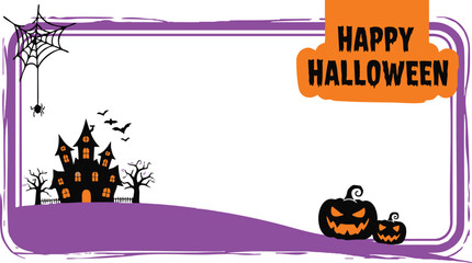 Halloween frame isolated on white background with haunted house and scary pumpkins