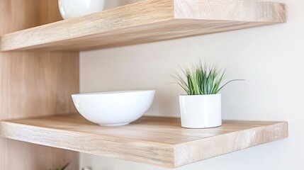 Wooden kitchen shelves display their natural beauty with white pots, cups, and utensils, enhancing a modern space with warmth and organic elegance