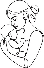 Continuous line art of a mother embracing her baby with love and tenderness