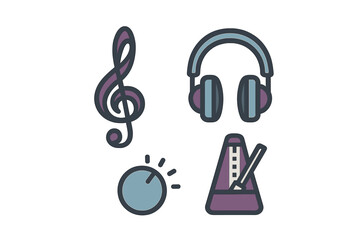 Music symbols, headphones, and a metronome in a colorful digital design