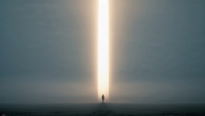 Solitude in the Fog: A Figure Standing Beneath a Towering Light Beam in an Ethereal Landscape