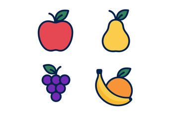 Fruit illustrations showing an apple, pear, grapes, and banana in bright colors with leafy accents