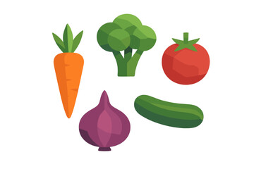 Colorful cartoon vegetables including carrot, broccoli, tomato, onion, and cucumber displayed on a white background
