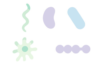 Colorful abstract shapes representing microscopic organisms and pills on a plain background for educational illustration