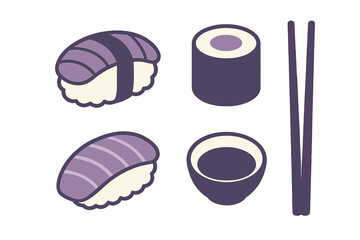 Various types of sushi and utensils arranged on a simple background with chopsticks and a bowl