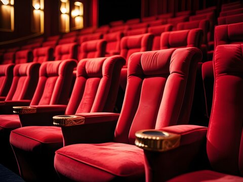 Luxurious closeup view of red velvet cinema theater chairs with dramatic cinematic lighting, perfect symmetrical rows, premium movie experience, high-resolution detail for film and entertainment conce