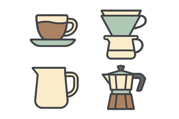 Various coffee brewing tools and cups arranged in a decorative layout