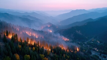 Dramatic Forest Wildfire with Flames and Smoke in Hdr Cinematic Scene at Dusk with Rolling Green Mountains and Pine Trees