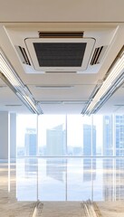 Fototapeta premium Bright and Modern Office Interior with Stylish Ceilings, Fixtures, and Urban Cityscape Views