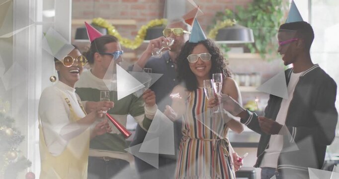 Woman lighting sparkler and man blowing horn starting animated confetti celebrating office success