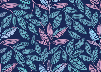 Delicate leaf pattern with teal and pink hues on navy background seamless pattern leaves