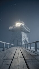 A monochromatic, digitally rendered lighthouse stands vigilantly on a wooden pier under a starlit night sky.