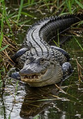 Fototapeta premium Large Alligator Lying in Water Surrounded by Green Vegetation in Natural Wetland