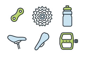 Cycling gear and accessories including water bottle, chain link, sprocket, pedals, and saddle for biking enthusiasts