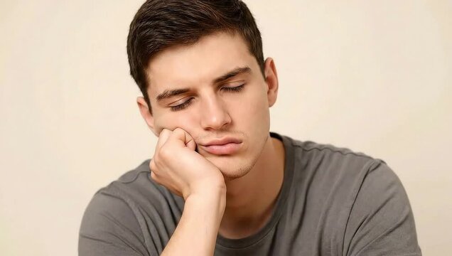 Feeling drowsy and overwhelmed, a young man struggles to stay awake during a long day, battling fatigue and burnout in the face of modern life