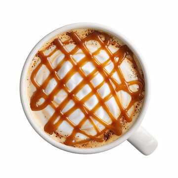 Hot caramel macchiato with milk foam and crisscross caramel drizzle top view isolated on white background