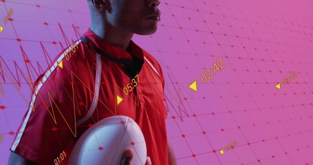 Male athlete shifting weight, lifting gaze for sports metrics while yellow charts animating around