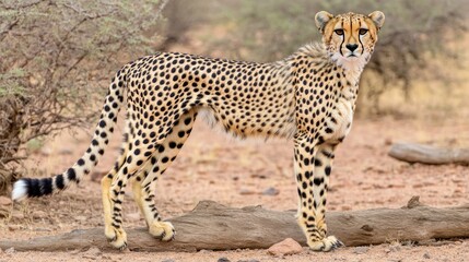 Fototapeta premium A graceful cheetah stands confidently on fallen wood, surveying its surroundings in the savannah, surrounded by acacia trees and a vibrant landscape