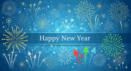 Festive Happy New Year Celebration with Fireworks on Blue Gradient Background