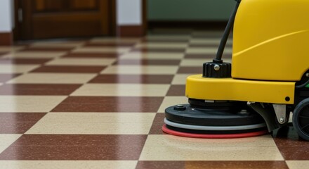 Worker Operating Floor Cleaning Machine &ndash; Polished Checkered Surface Maintenance 