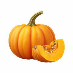 Whole ripe pumpkin with curved stem and cut slice showing seeds and pulp isolated on white background