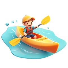 Vibrant cartoon kayak with a smiling paddler on a sparkling river