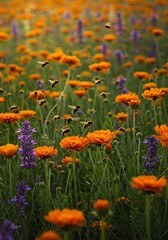 Fototapeta premium Colorful Flower Field with Bees and Purple Flowers in Bright Sunlight