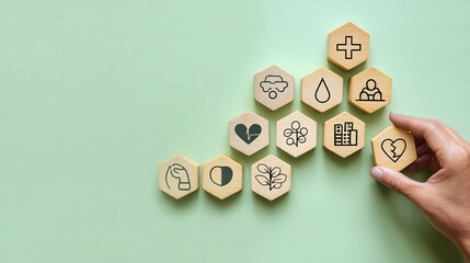 Hand Placing Mental Health Icon Wooden Block (with Medical Health Growth Elements), Care Creativity Element