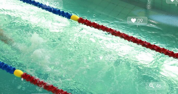 Male swimmer crouching and diving into pool with digital icons visualizing viewer engagement