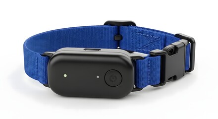 Blue pet training collar with black control unit and buckle isolated on white background