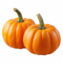 Two fresh orange pumpkins with green stems isolated on white background