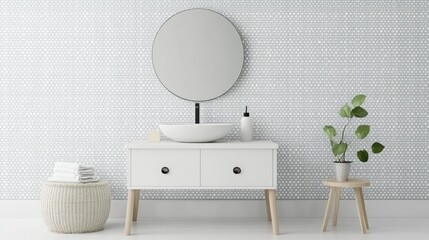 This contemporary bathroom showcases a sleek white vanity and sink atop a marble counter, complemented by a stunning waterfall cascading from the ceiling