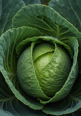 Obraz premium Fresh Green Cabbage Head with Leaves in Close-up