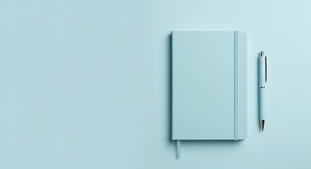 Minimalist flat lay of a soft green notebook and pen on a green background