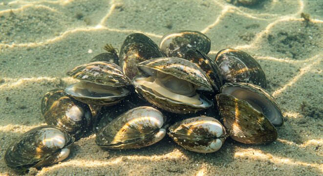 Cluster of Dark Shell Clams on Sandy Beach with Sunlight Reflections