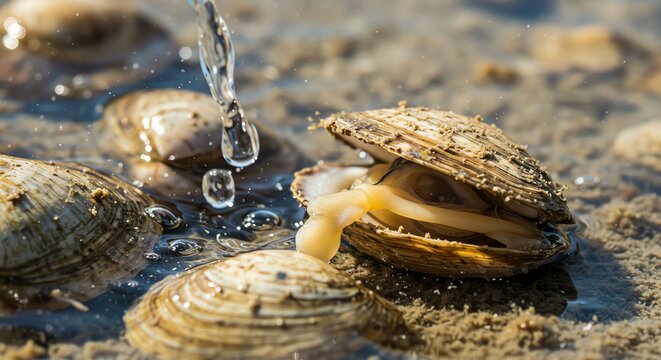 Clamshells on Sandy Beach with Water Droplets and Soft Natural Lighting