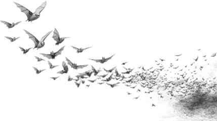 Simple line art bat colony flying in curve shape isolated on transparent background 