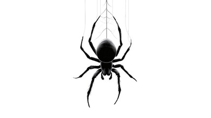 Simple spider dangling from thin thread line art isolated on transparent background 