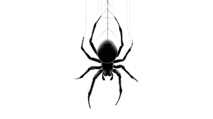 Simple spider dangling from thin thread line art isolated on transparent background 
