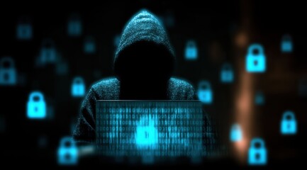 Fototapeta premium Hacker in hoodie types on keyboard surrounded by digital locks and binary code representing dangers of cyber attacks data breaches. It highlights hidden threats in digital world.
