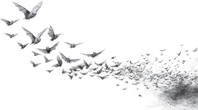 Simple line art bat colony flying in curve shape isolated on transparent background 
