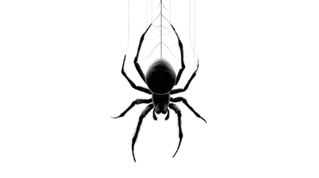 Simple spider dangling from thin thread line art isolated on transparent background 
